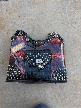 Studded Black and Red Patent Shoulder Bag by B & G Collection